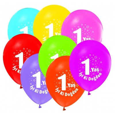 İyiki Doğdun 1 Yaş Baskılı Karışık Renkli Balon 12 inç (25x30 cm) 100’lü Paket