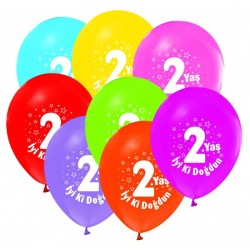  - İyiki Doğdun 2 Yaş Baskılı Karışık Renkli Balon 12 inç (25x30 cm) 100’lü Paket