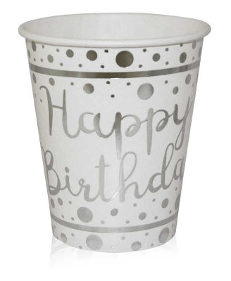 Bardak Sılver Happy Bırthday Parlak Varak Baskılı 8 Oz Beyaz Pk:6 Kl:54
