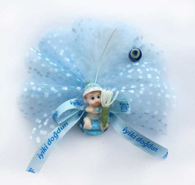 Şapkalı Elinde Çiçek Mavi Bebek Şekeri 50’li Paket