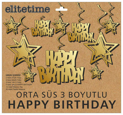 Orta Süs 3 Boyutlu Happy Bırthday Altn Pk10 Lu Set