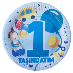  - 1 Yaşındayım Mavi Karton Tabak (23 cm) 8’li Paket