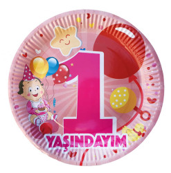  - 1 Yaşındayım Pembe Karton Tabak (23 cm) 8’li Paket